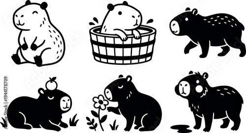 Cute black and white vector art of playful capybara characters sitting bathing walking smelling flower and standing with apple