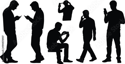 Silhouettes of people using mobile phones in various poses