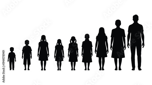 A family of nine silhouettes depicting different ages and heights in a single line