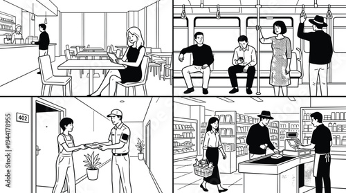 Quad-vignette of modern urban lifestyle scenes including a cafe workspace, public transit commuting, home delivery service, and retail grocery checkout.