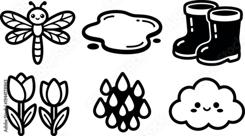 Cute cartoon style vector icons including smiling dragonfly puddle rain boots tulips raindrops and happy cloud simple outlines