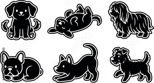 Black and white vector art of six different playful dogs sitting lying and standing in cartoon style clean isolated icons with cute expressions on white background