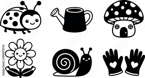 Cute black and white vector art smiling ladybug snail flower mushroom house watering can and heart gloves garden icons collection