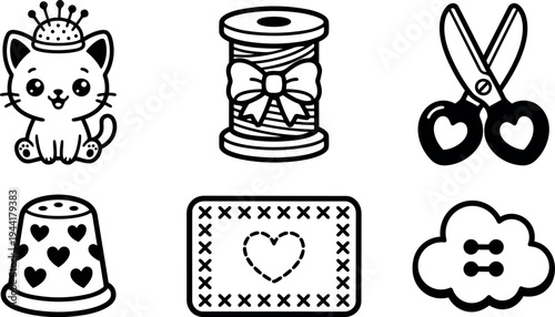Cute cat with pincushion on head heart decorated thimble spool of thread with bow heart shaped scissors sewing needle cloud with stitches and embroidered heart patch vector icons set