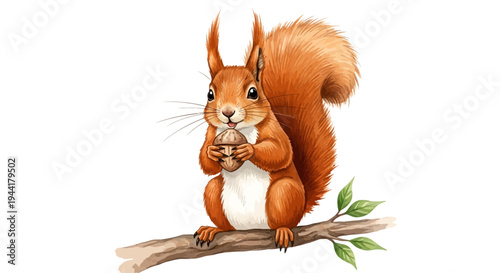 Adorable Watercolor Squirrel Holding Acorn on Branch