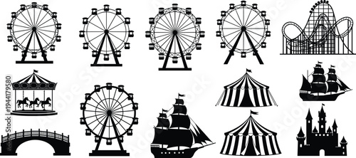 Amusement park silhouette collection with ferris wheels, roller coaster, carousel, circus tents, pirate ships, bridge and castle icons isolated on light background