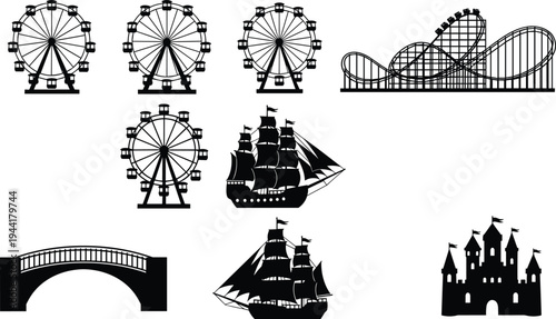 Amusement park silhouettes set featuring ferris wheels, roller coaster tracks, pirate sailing ships, bridge and fairy tale castle icons isolated on light background