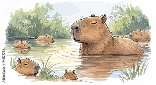 Adorable Capybara Family Relaxing in a Serene Waterway surrounded by Lush Greenery and Gentle Sunlight