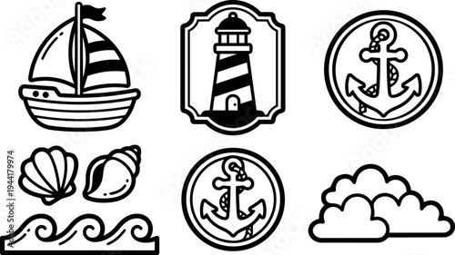 Black and white nautical icons set including sailboat lighthouse anchor seashell wave and cloud line art design