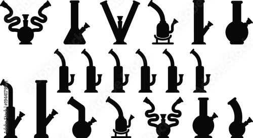 Glass bong and water pipe silhouettes collection, smoking device vector icons set, hookah style cannabis accessory black silhouette illustration