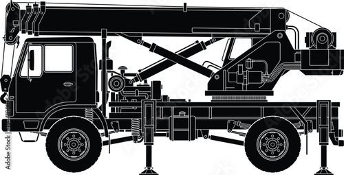 Mobile crane truck silhouette vector, heavy construction lifting vehicle with telescopic boom and hook isolated industrial machinery illustration