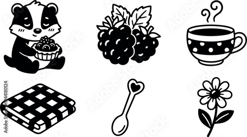 Cute cartoon badger holding berry muffin with blackberries tea cup flower spoon and picnic blanket icons in simple vector design