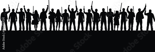 Angry crowd protest silhouettes holding sticks and weapons, violent riot demonstration concept, social unrest, aggressive mob gathering illustration isolated on background