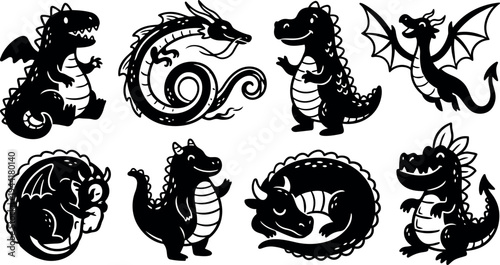 Cartoon style cute dragons set with different poses including sleeping standing flying and playful looking away in black silhouette