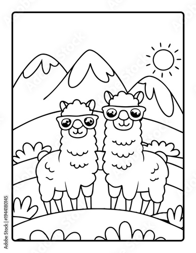 Cute kawaii alpacas smiling in summer sun vector illustration, hand-drawn coloring page flat design
