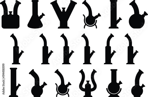 Water pipe bong silhouettes collection, smoking glass bong vector icons set, hookah style smoking device black silhouette illustration