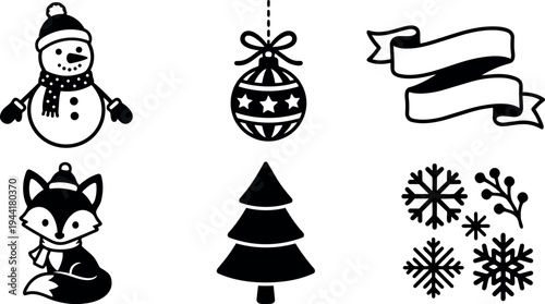 Christmas themed vector set with snowman fox pine tree snowflakes ornament and ribbon banner in simple black silhouette style