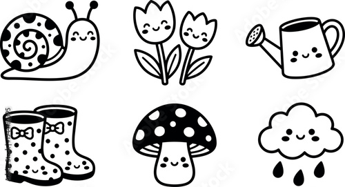 Cute smiling snail with spiral shell and happy tulips watering can and polka dot rain boots mushroom and rain cloud vector art set