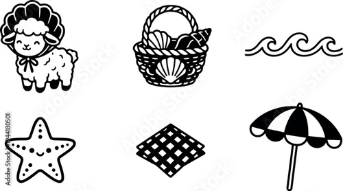 Cute lamb wearing bonnet basket with seashells smiling starfish waves checkered cloth and striped beach umbrella vector icons