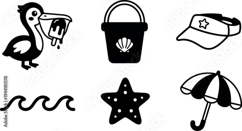 Black and white vector icons of pelican holding melting ice cream and bucket with shell sun visor and ocean wave starfish umbrella