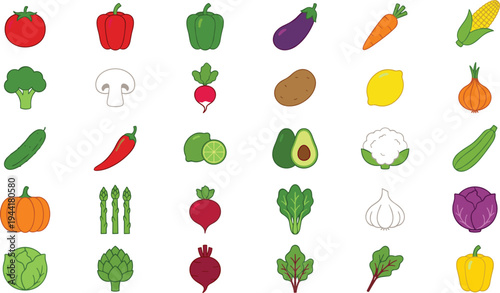 Colorful vegetable icon collection, fresh organic farm produce vector set with broccoli carrot tomato pepper cabbage cucumber healthy food illustration