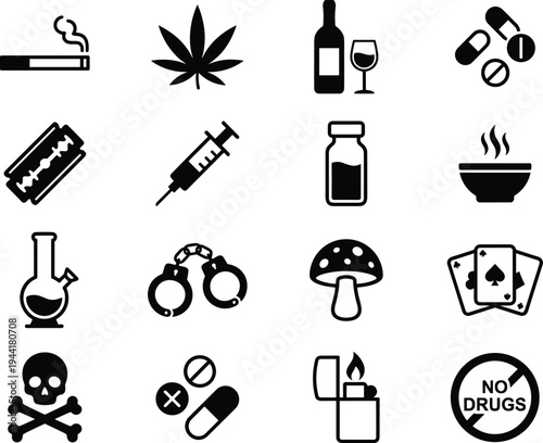 Drug addiction and substance abuse icon set, smoking, cannabis, alcohol, pills, syringe and crime symbols vector illustration