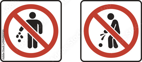 Two Red and Black Prohibition Signs for No Littering and No Spitting forbidden stop