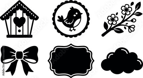 Black silhouette set of vector icons including birdhouse with heart bow cloud floral branch and frame label decorative simple style