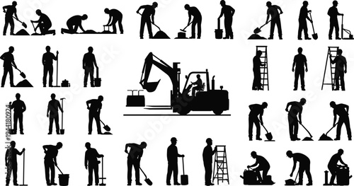 Construction and maintenance worker silhouettes collection, builders digging, cleaning, repairing and operating machinery, professional labor occupation set isolated on light background