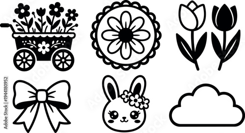 Black and white vector art of floral cart with flowers flower circle tulips bow bunny face and cloud icons