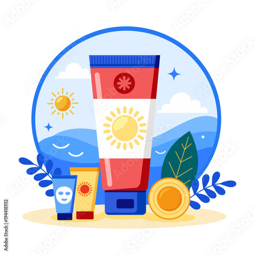 A flat style illustration showing sunscreen