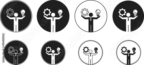 Business innovation and creative thinking icon set showing person holding gear and light bulb symbolizing ideas, strategy, problem solving conceptMobile