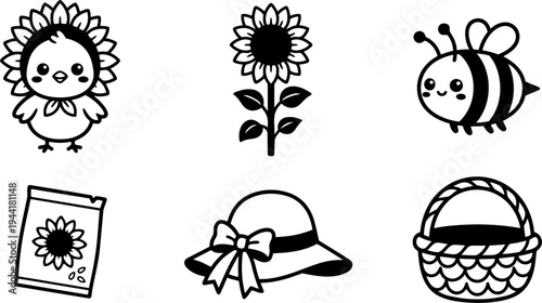 Cute sunflower chick flower bee seed packet wide brim hat wicker basket vector line art icons set