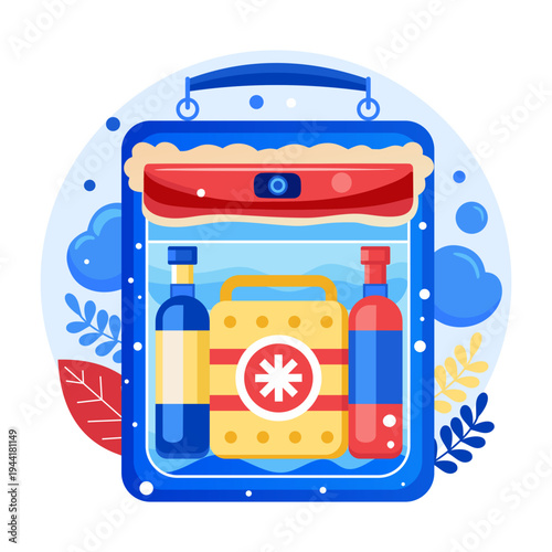 A flat style illustration depicting travelling kit