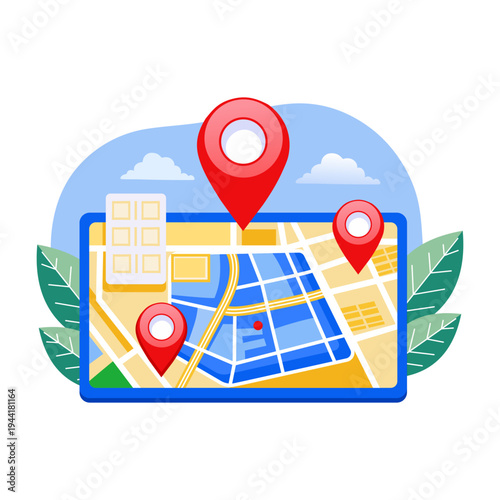 A flat style illustration showing gps map
