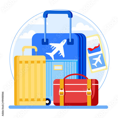 A flat style illustration depicting travel bags