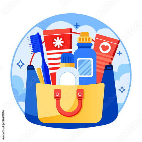 A flat style illustration depicting travel essentials