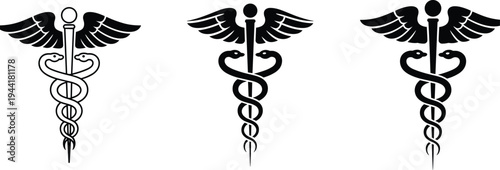Three Black Caduceus Medical Symbols on White Background health medicine