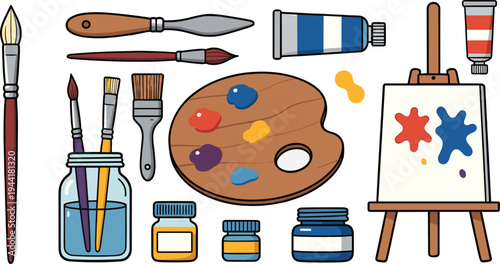 Colorful artist painting tools collection with brushes palette paint tubes jars and small easel canvas illustration for art studio creativity design and craft projects