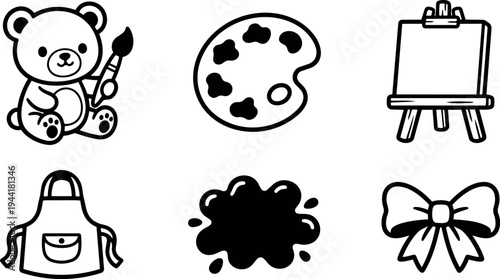 Cute teddy bear holding paintbrush with artist palette easel apron paint splash and decorative bow icons in vector style