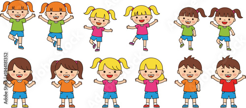 Cartoon children illustration set, diverse boys and girls characters, playful happy childhood education design collection - flavector