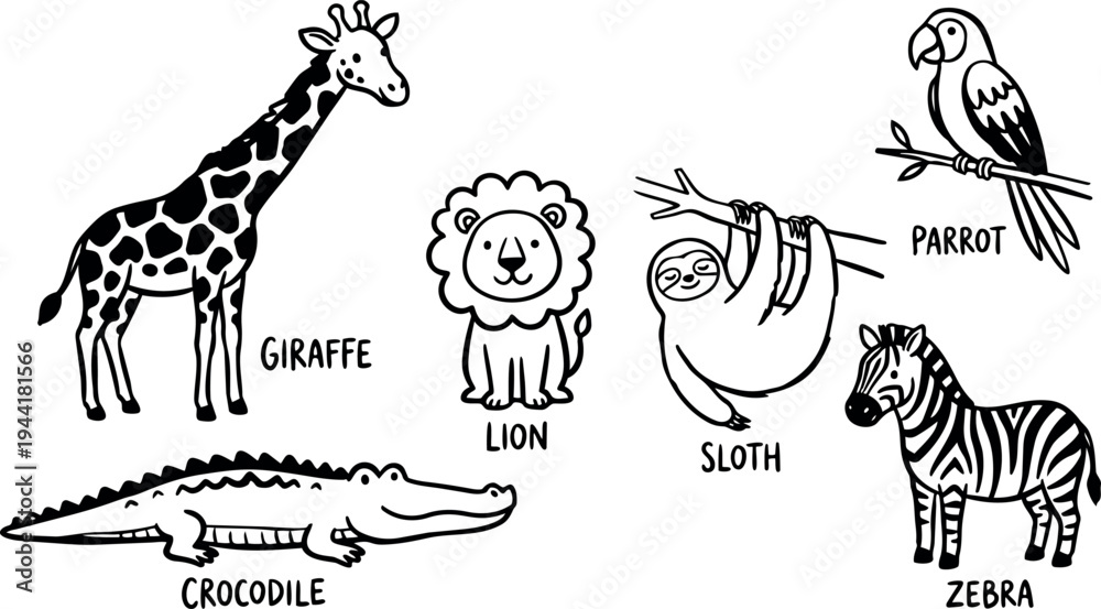 Fototapeta premium Black and white vector art of smiling giraffe sitting lion hanging sloth perched parrot and standing zebra with crocodile
