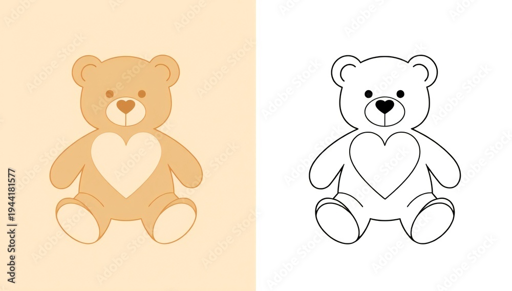 Fototapeta premium A charming illustration of a teddy bear with a heart on its chest, shown in both colored and outlined versions.