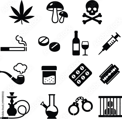 Drug addiction and substance abuse icons set, cannabis, pills, alcohol, syringe, smoking and crime symbols vector illustration collection