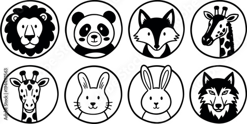 Black and white minimalist flat design animal icons featuring lion panda fox giraffe rabbit wolf faces in round frames