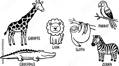 Black and white vector art of smiling giraffe sitting lion hanging sloth perched parrot and standing zebra with crocodile