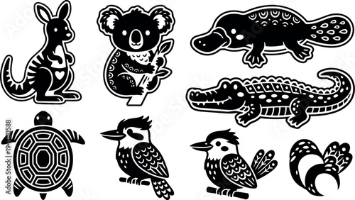 Black and white flat design silhouettes of australian animals kangaroo koala platypus crocodile turtle and kookaburra bird vector art