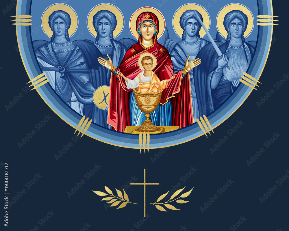 Naklejka premium Inexhaustible Cup. Blessed Virgin Mary and Jesus Christ and four cardinal points (Archangel Gabriel, Uriel, Raphael and Michael). Illustration in Byzantine style isolated