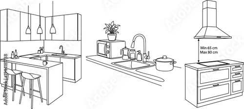 Technical vector illustration of kitchen design standards featuring a U-shaped island, sink area ergonomics, and range hood clearance measurements.