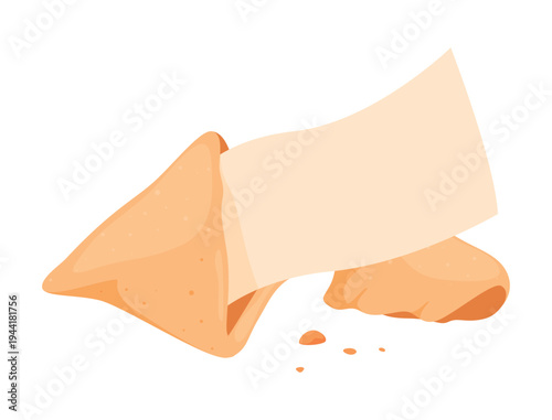 An illustration of a Chinese fortune cookie lying on a table, containing a blank piece of paper with a message inside.